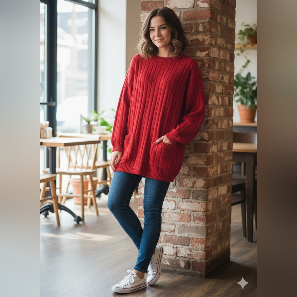 4 For 30$ 🧞‍♀️VINTAGE SMART SET Tunic Cable Knit Sweater With Pockets Size M